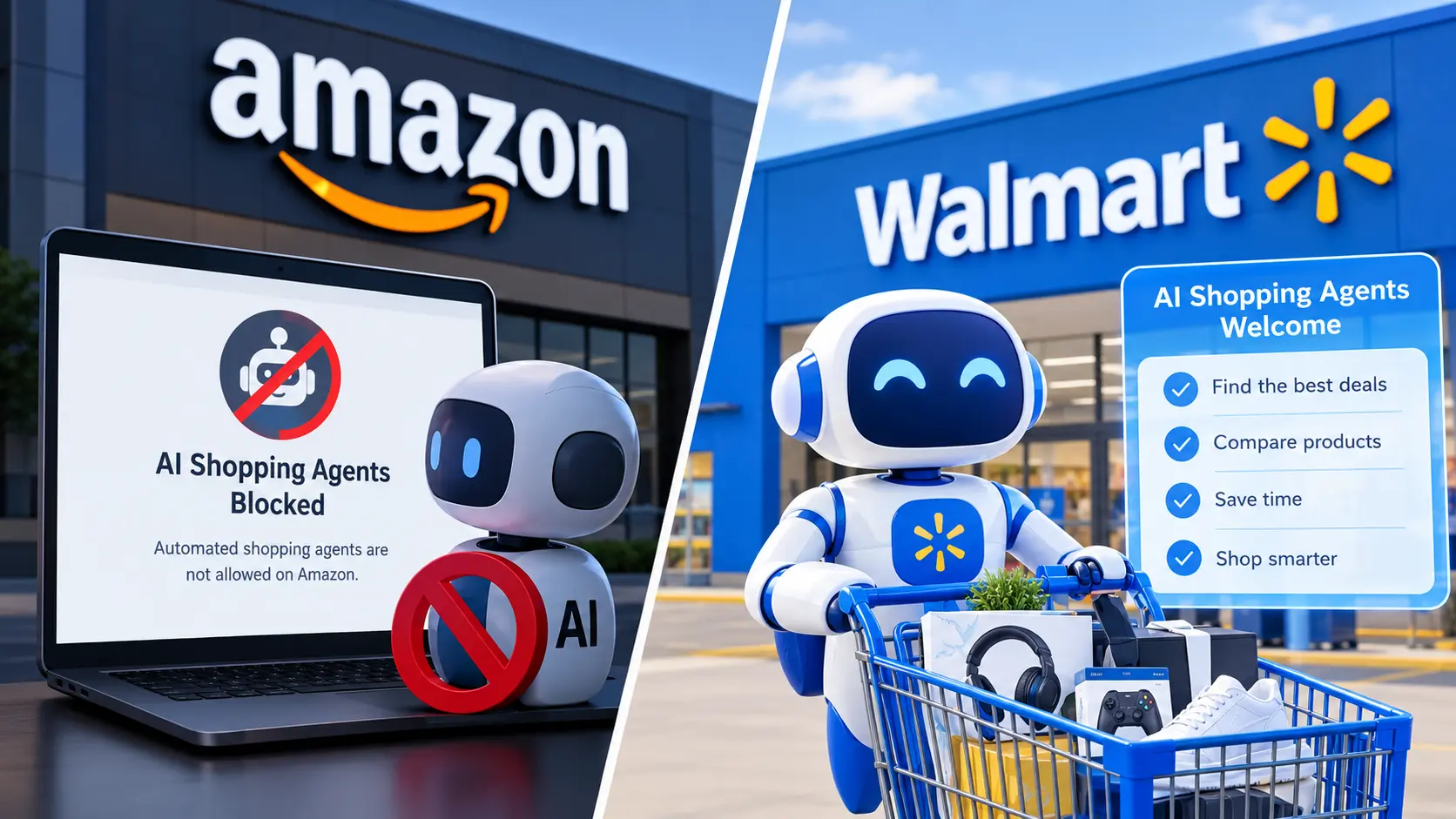 Amazon Blocks AI Shopping Agents While Walmart Welcomes Them